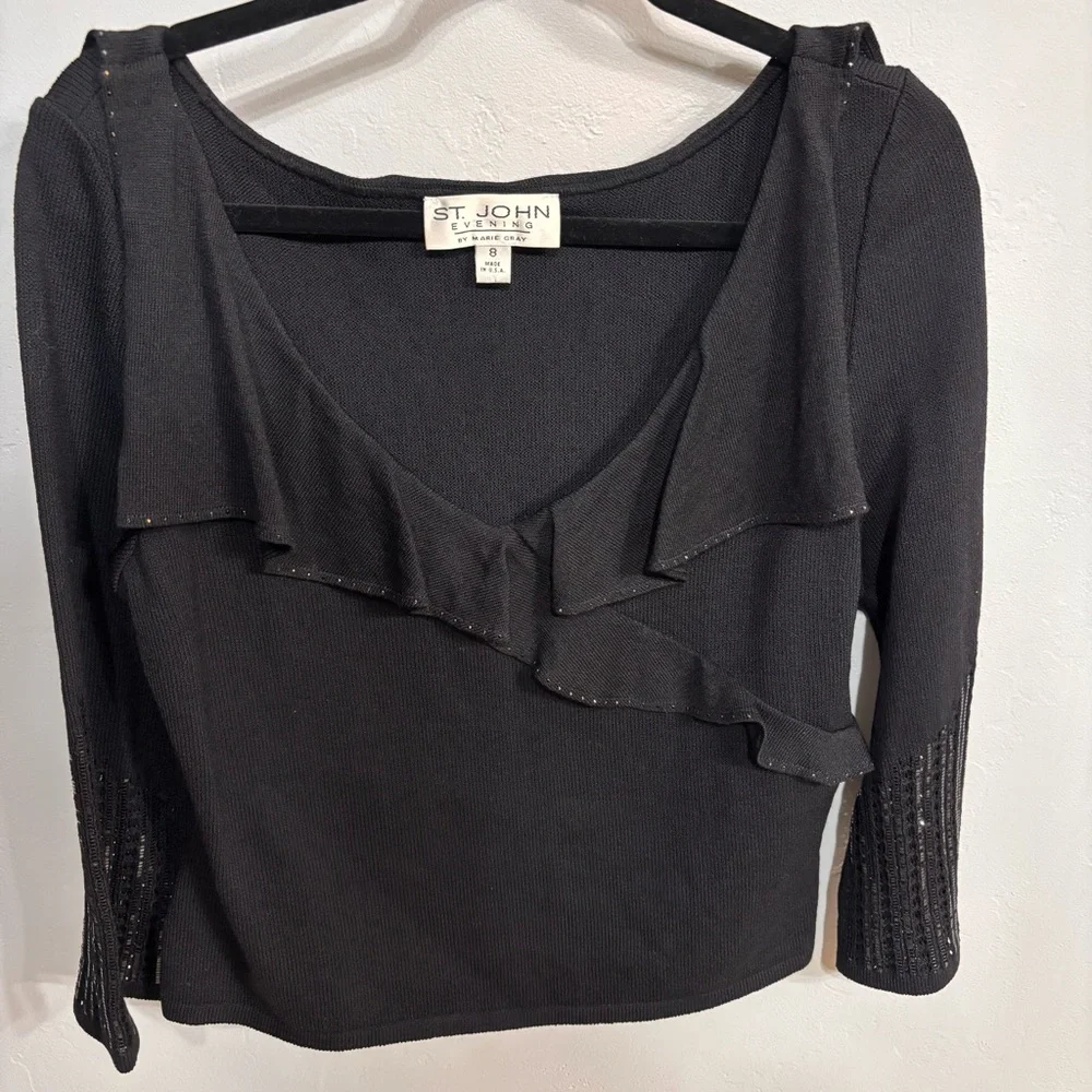 NWOT St. John Evening Luxurious Knit Black Ruffle Wrap Sweater - Sz 8 (Runs big)